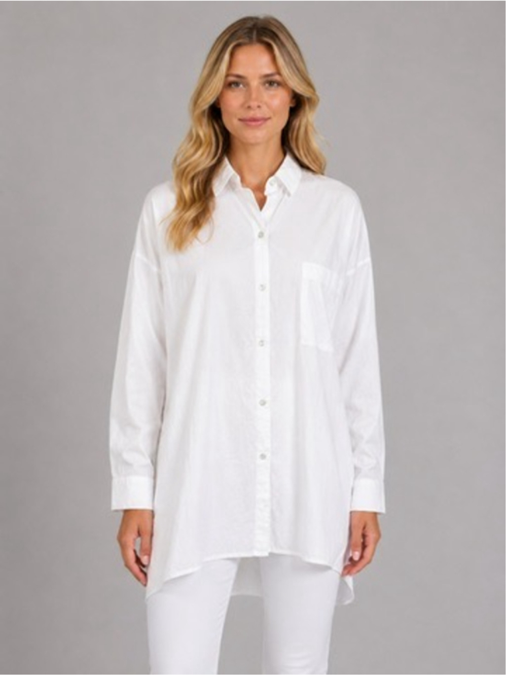 Eileen Fisher System White Organic Cotton Stretch Classic Collar Long Shirt Sz L